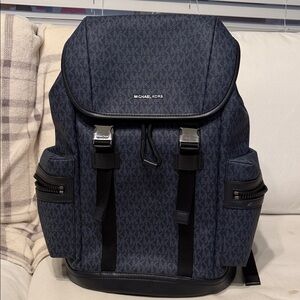Michael Kors Dark Navy MK Monogram Backpack with Silver Hardware